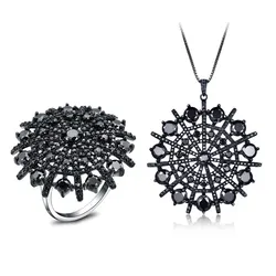 Women's Luxury Gothic Style Black Spider Web Necklace Pendant Ring Jewelry Set Black Zircon Crystal Party Jewelry Accessories
