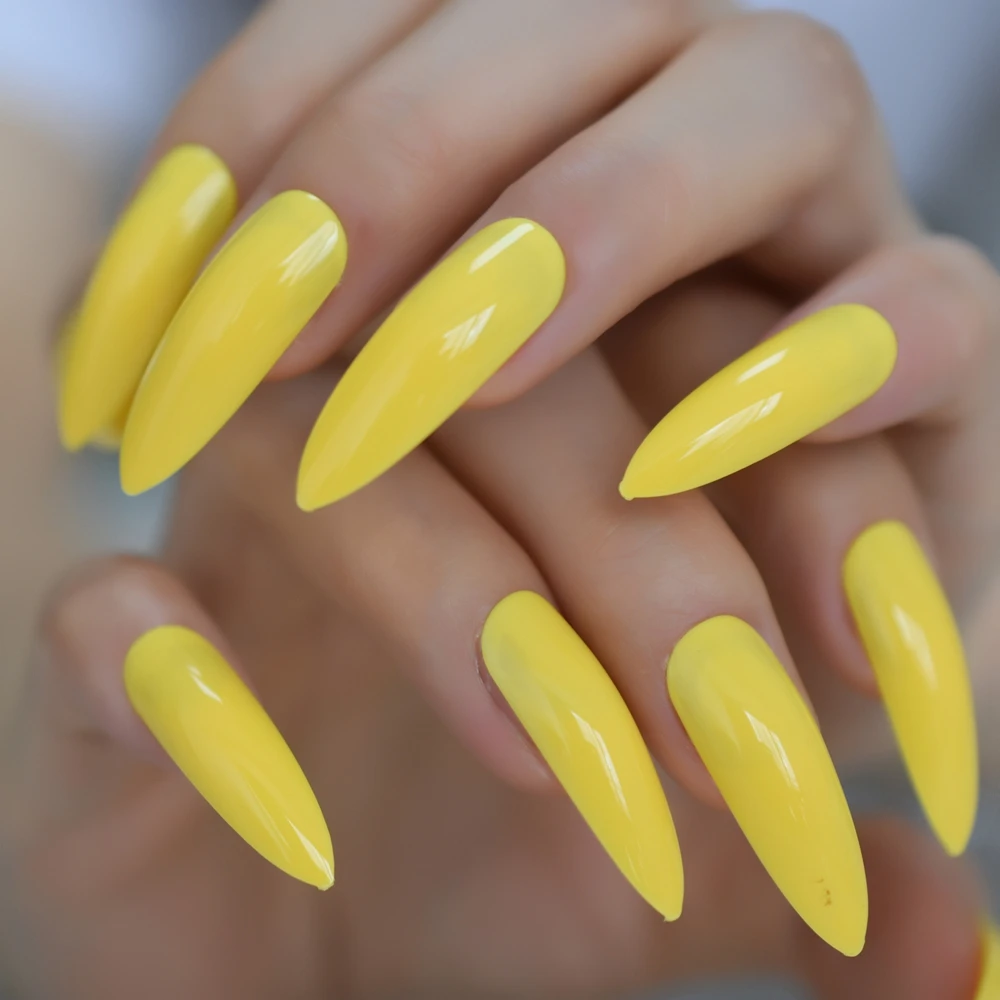 Faux doigts structurels ents extra longs, jaune fluo, à pression, stiletto, brillant, gel, rubans adhésifs gratuits, N64