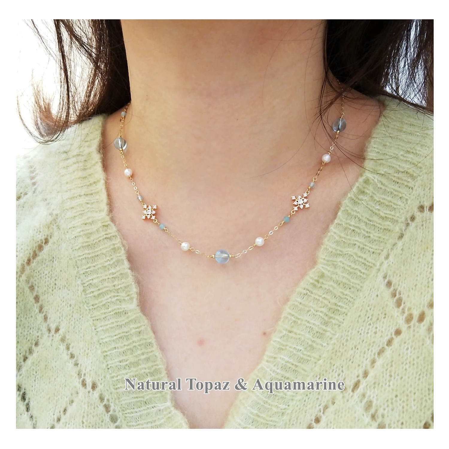Lii Ji Natural Blue Topaz Aquamarine Zircon Snowflakes Necklace American 14K Gold Filled Jewelry For Women Gift