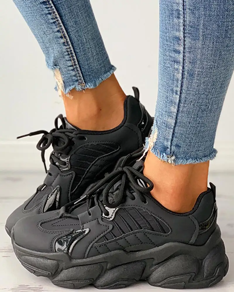 2021 New Women Shoes Black Platform Sneakers Casual Lace Up Thick Sole Shoes Female Chunky Sneakers Leather Vulcanize Shoes