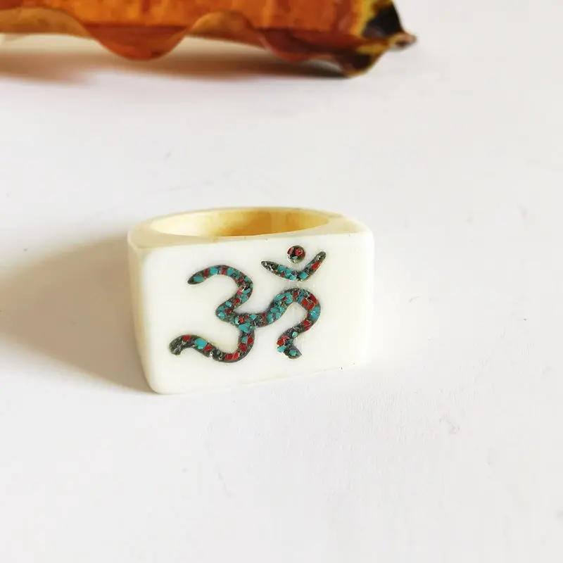 Tibetan Amulet Symbols Ring for Man Real Yak Bone Carved OM Buddha Eye Rings R010