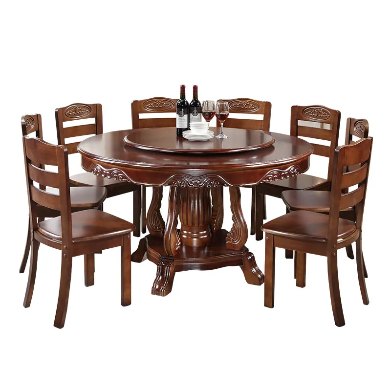 Solid wood dining table with turntable round dining table Chinese style large round table dining table and chair combination