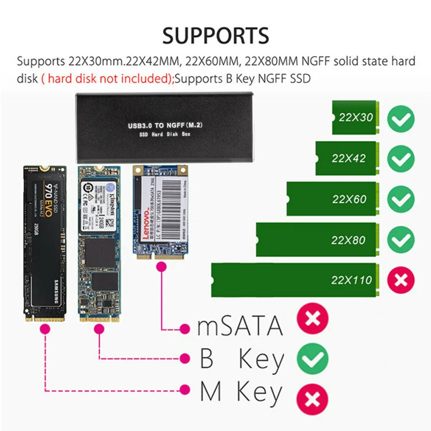 Grwibeou USB 3.0 to NGFF M.2 SSD External Hard Disk Drive HDD Box Support 2230 2242 2260 2280 Hard Disk USB 3.0 TO M2 SSD Case