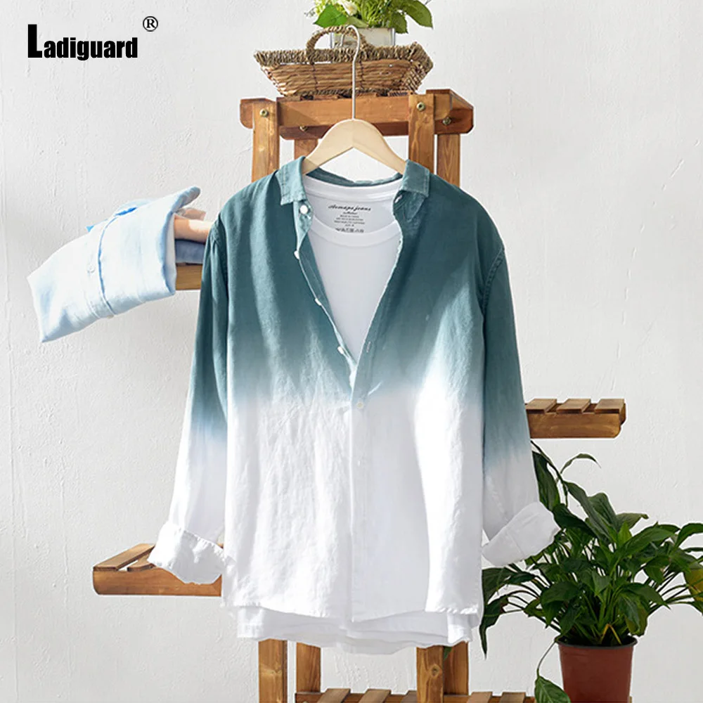 Long Sleeve Cotton Linen Shirt blusas Sexy Men clothing 2024 Single-breasted Top Lepal Collor Mens Fashion Gradient Blouse Homme