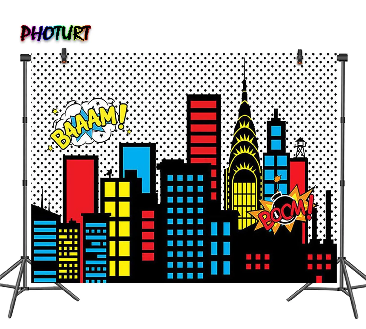 PHOTURT Cartoon Boom Photography Backdrops Kids Birthday Decorate Background City Building Polyester Vinyl Photo Studios Props