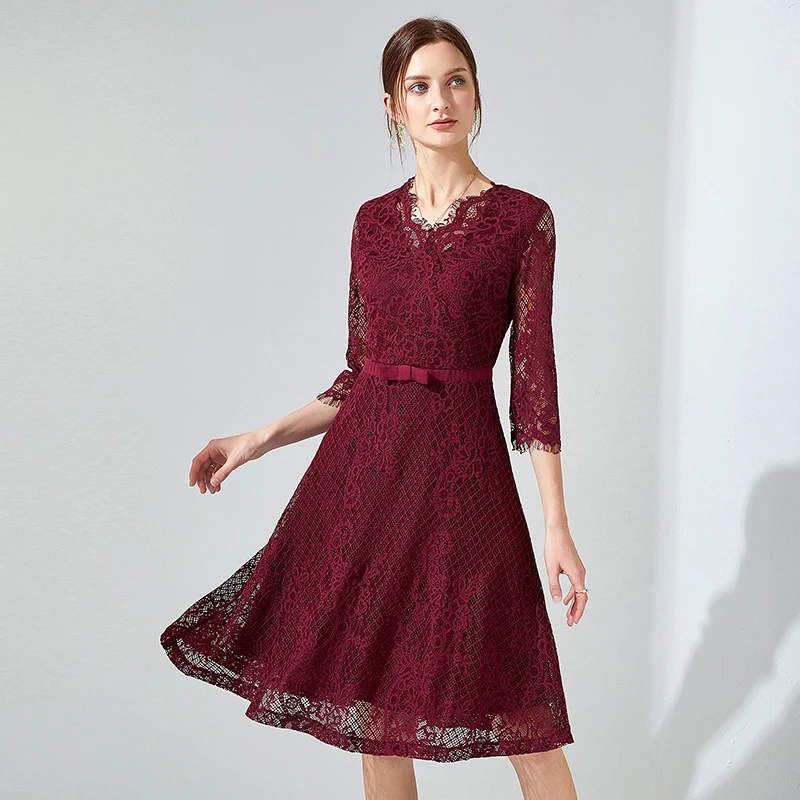 TAOYIZHUAI vintage style midi women lace dress  A line  v neck wine red color flare half sleeves plus size luxury elegant dress