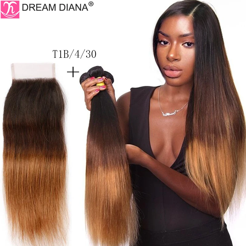 100% Ombre Malezyjskie jedwabiście proste włosy z zamknięciem Blond Ombre Ludzkie włosy pasma z koronkowym zamknięciem 3 Toned T1B/4/30 T1B/4/27