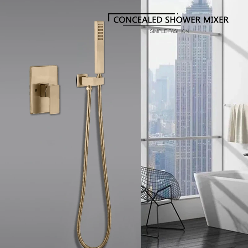 Brushed Gold Hand Shower System Set with Wall Mounted Concealed Tap Faucet Mixer Round and Square Hot and Cold Bathroom Fixture