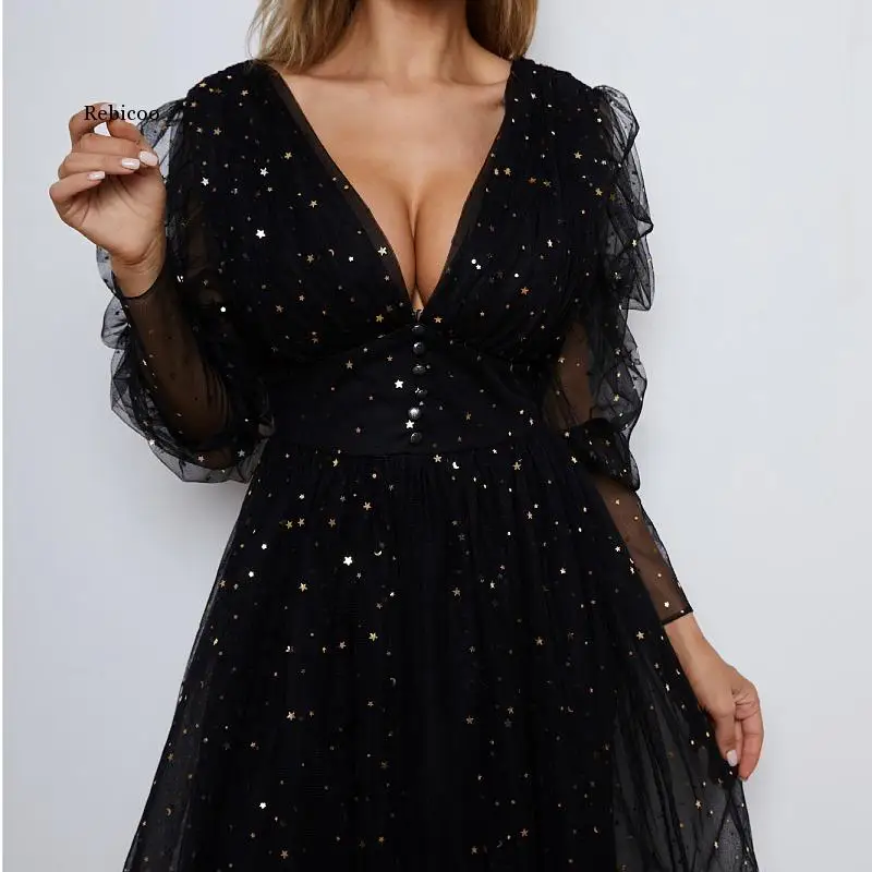 Black Starry Tulle Prom Dresses Sparkly V-Neck Half Puff Sleeves Wedding Party Dresses Buttoned Top Tea-Length Prom Gowns