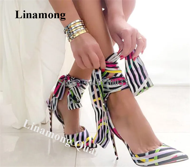 

Linamong Brand Design Pointed Toe Patchwork Stripes Stiletto Heel Pumps Multi-colors Ankle Straps Cross High Heels Dress Shoes