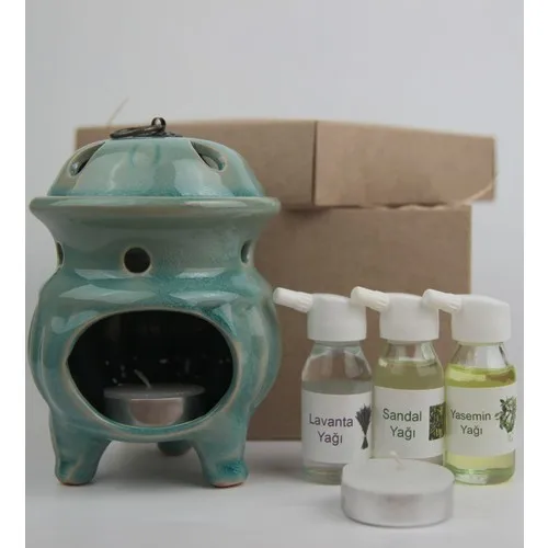 Gift Idea Tendür Designed Censer and 3 Pcs Oil Set-Turquoise