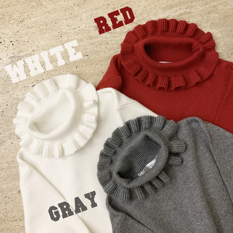 Turtleneck White Knitted Sweater Women Knitwear Autumn 2023 Vintage Ruffle Cute Girls Long Sleeve Red Jumper Christmas Sweaters