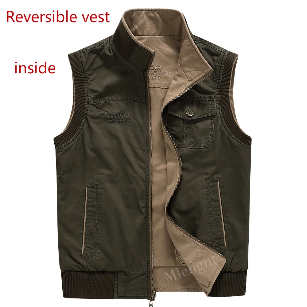 Men Large Size M-8XL Reversible Vest High Quality 100% Cotton Multi-Pocket Sleeveless Jacket Male Classic ArmyTactical Waistcoat