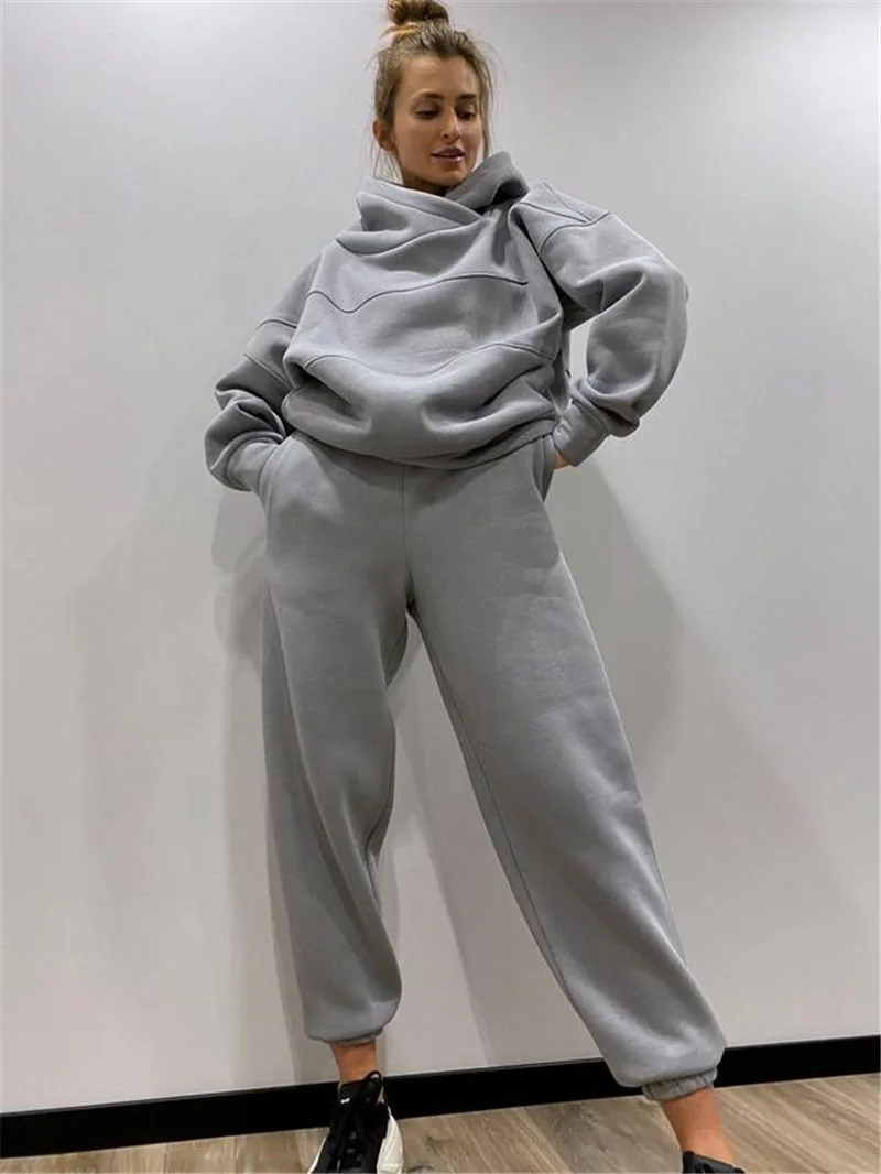 Fleece Oversized Hooded Women\'s Tracksuit Two Piece Sets Long Sleeve Hoodie Joggers Female Suit 2022 Winter Lady Sportswear Set