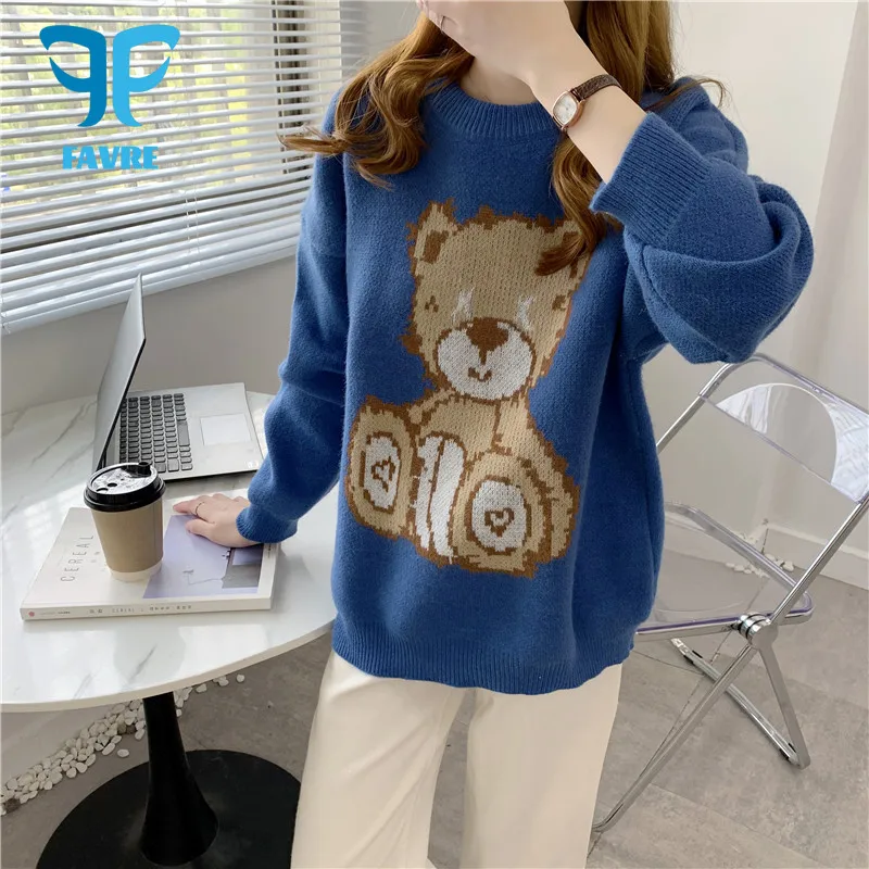 

FAVRE Cute Bear Sweater Women Autumn Loose Soft Warm O-Neck Womens Sweaters Korean Style Casual Baggy Pullover Jumpers