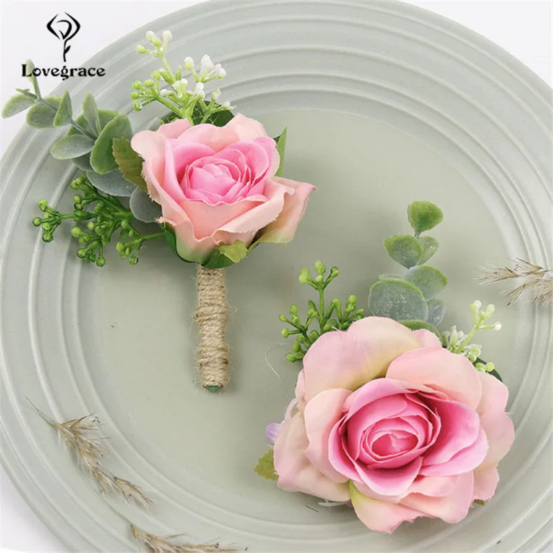 Lovegrace Rose Boutonniere Pengantin Pergelangan Tangan Korsase Groom Boutonniere Gadis Gelang Putih Kuning Pergelangan Tangan Korsase Kualitas Bunga Palsu