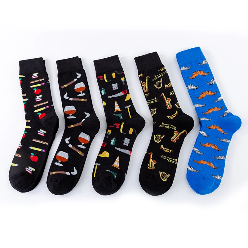 MODA MULAYA Happy Socks Men/Women Art Cigar Apple Toolkit Books Beautiful Wine Beard Sportsman 2020 New Funny Socks Dark Style