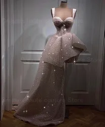 Blingbling Party Dress Ruffled Trendy Pleats Straps Dubai Arabic Light Pink Formal Dresses Pearls Sexy Front Corset Prom Gowns