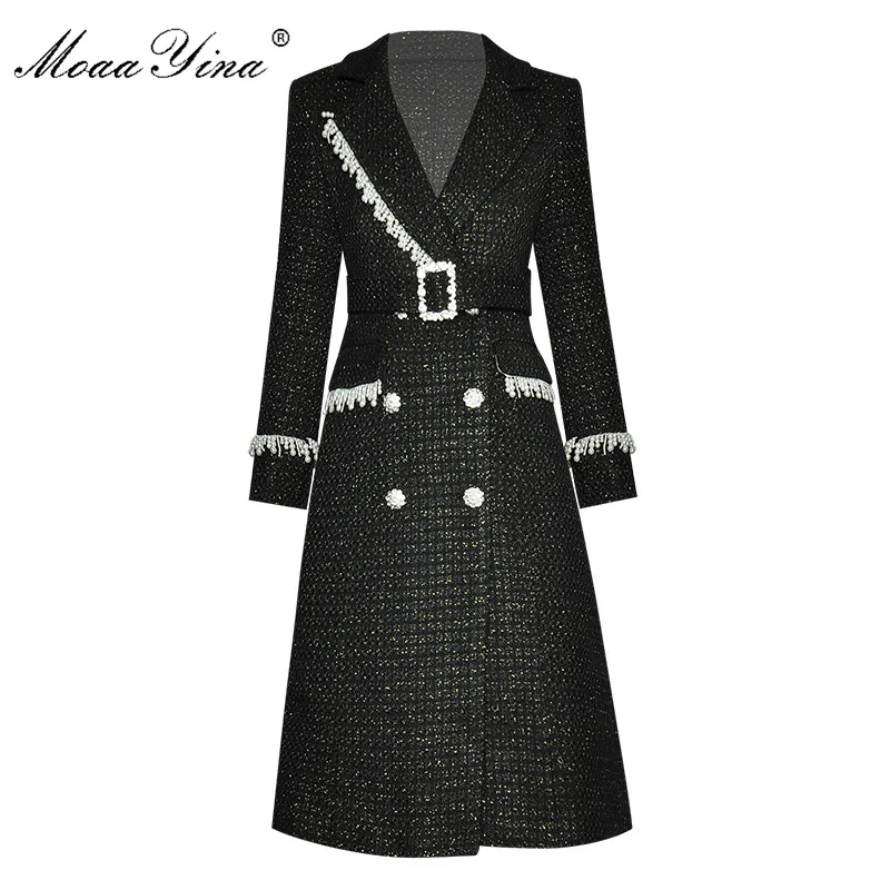 

MoaaYina Fashion Windbreaker Overcoat Autumn Winter Women Long sleeve Beaded Crystal Double breasted Windbreaker Overcoat