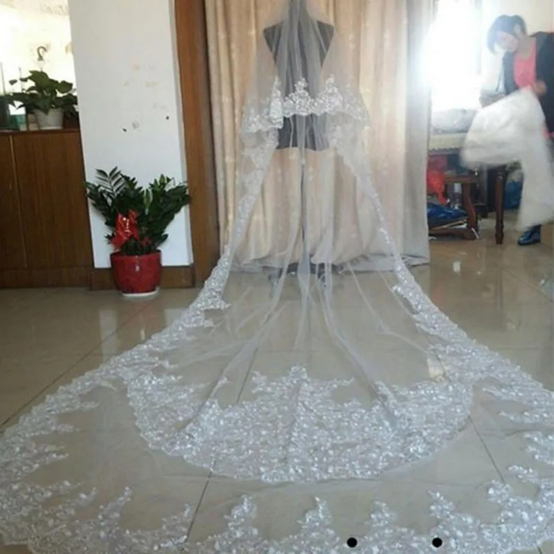 

Real Image Wedding Veils Long Lace Applique Crystals Two Layers Cathedral Length Blusher Bridal Wraps