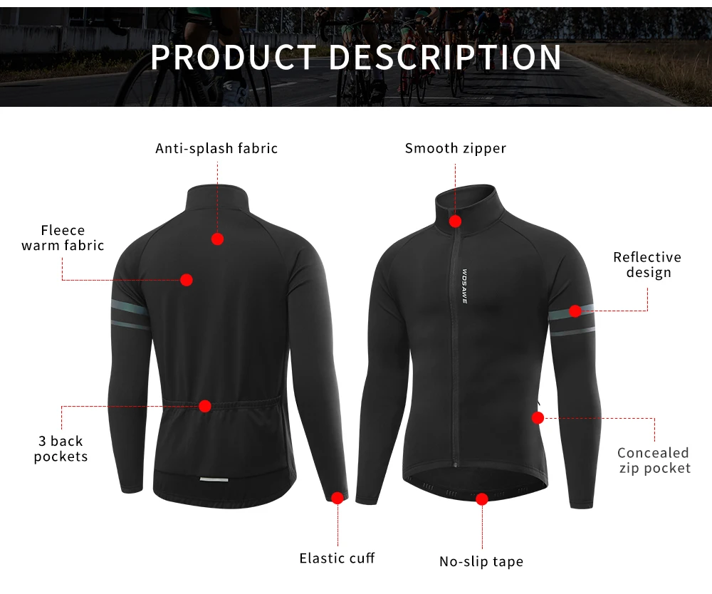 WOSAWE Autumn Winter Men\'s Cycling Jacket Windproof Thermal Fleece Bike Jersey MTB Bicycle Riding Running Snowboard Jacket Coat