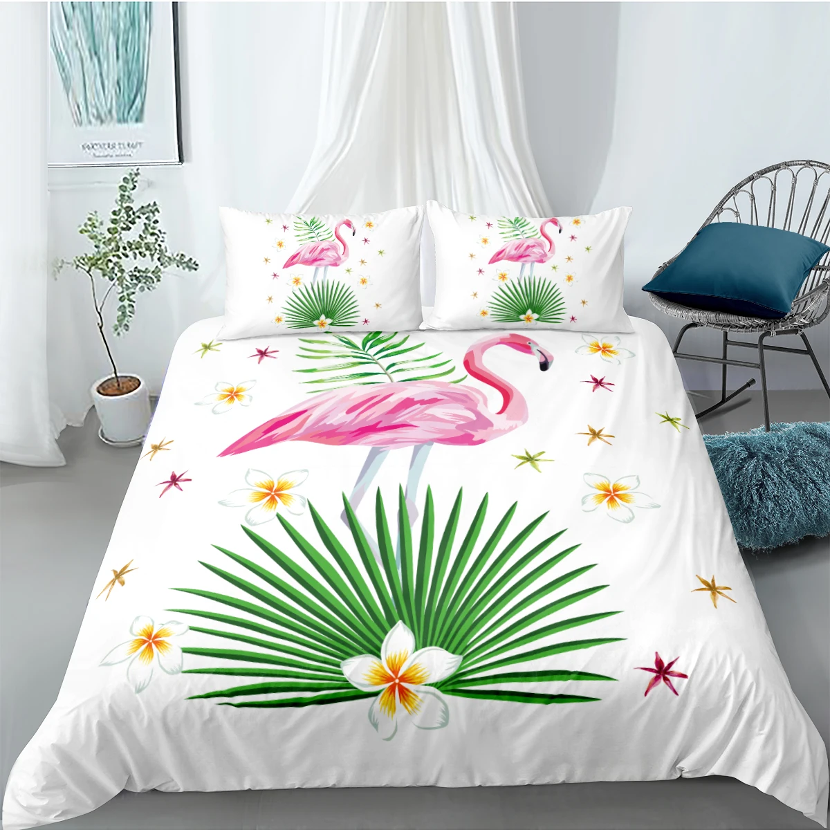 

3D Animals Beddings Flamingo Duvet Cover Sets White Bed Linens Pillow Cases King Queen Super King Twin Full Size 140*200cm