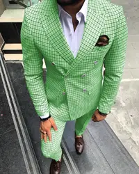 Men Suits for Wedding 2024 Double Breasted Blazer Plaid Tuxedo Men 2 Pieces Mint Green Groomsmen Suits (Blazer+Pants)