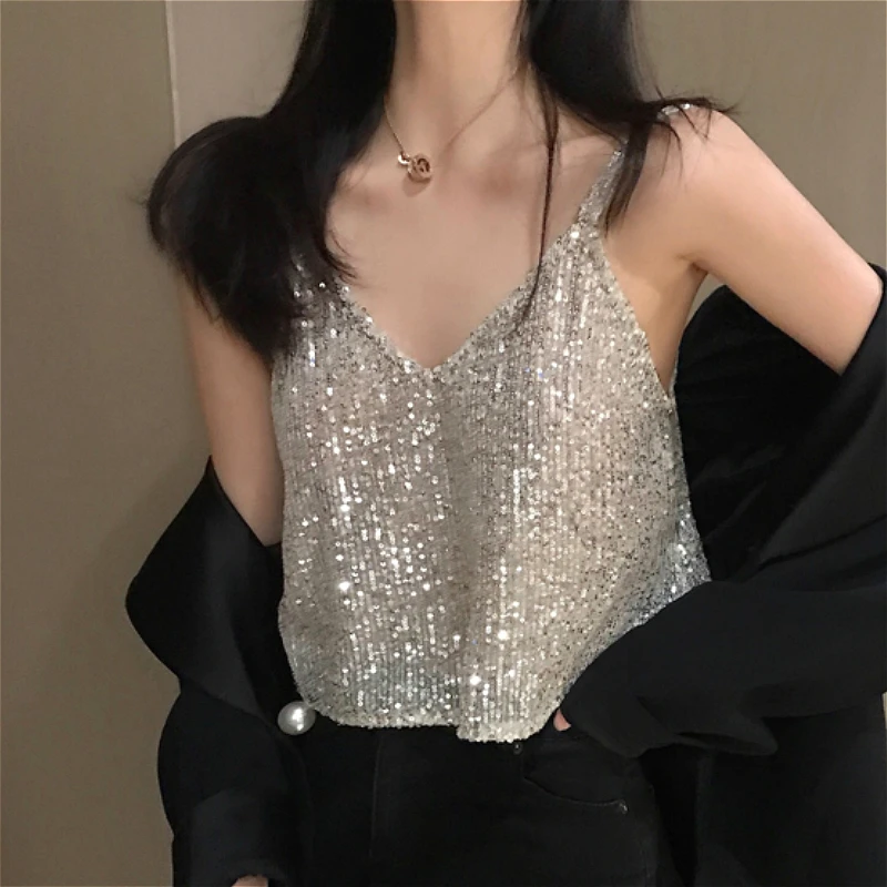 Camisoles Women New Chic Silvery Sequined Sexy V-Neck Off Shoulder Femme Crop Top Vintage Korean Loose Street Party Womens Tops