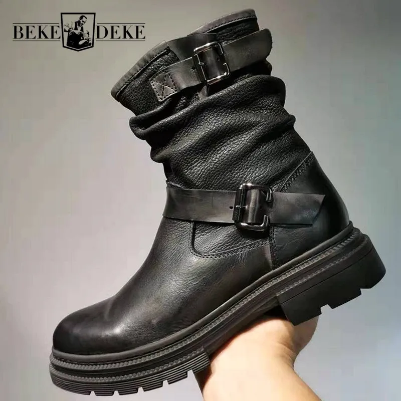 Retro Winter British Genuine Leather Mens Mid Calf Boots Belt Buckle Zipper Round Toe Thick Bottom Male Safety High Top Boots