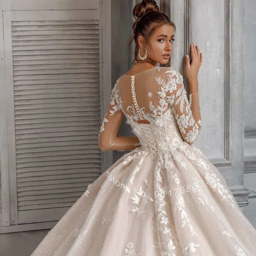 Trouwjurk Langarm Ballkleid Brautkleid O-Ausschnitt Prinzessin Hochzeitsklid Illusion zurück Luxus Roben de Mariage Braut Kleider