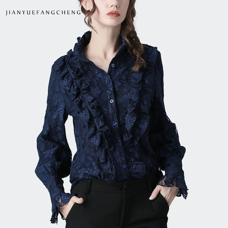 Fashion Ladies Autumn New Long Sleeve Lace Shirts Loose Hollow Out Design Ruffles Tops Elegant Fashion Women Casual Work Blouses