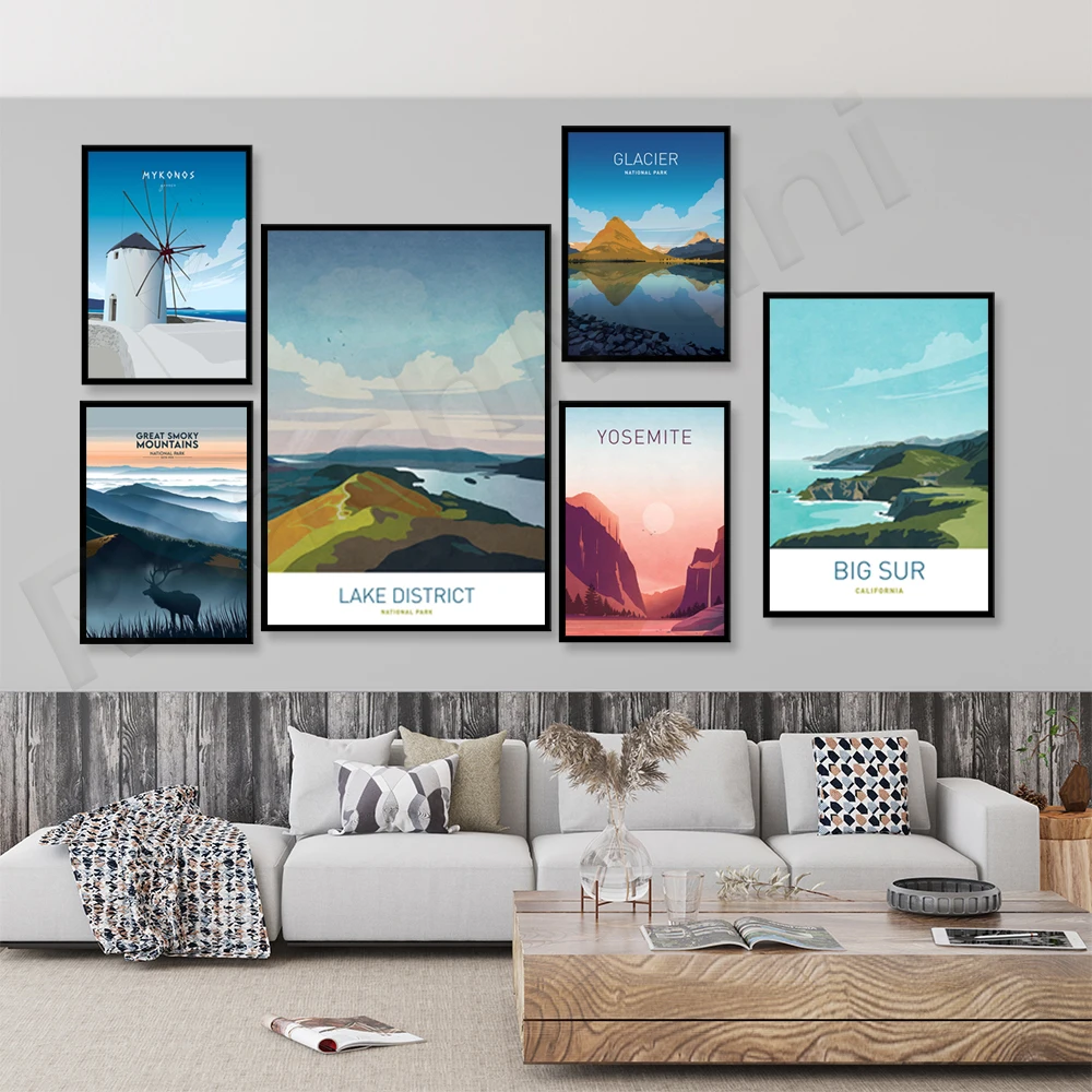Carteles de viaje, Parque Nacional del Distrito del Lago Británico, Big Sur, California, puesta de sol de Yosemite El Capitan, carteles impresos de Mykonos, G