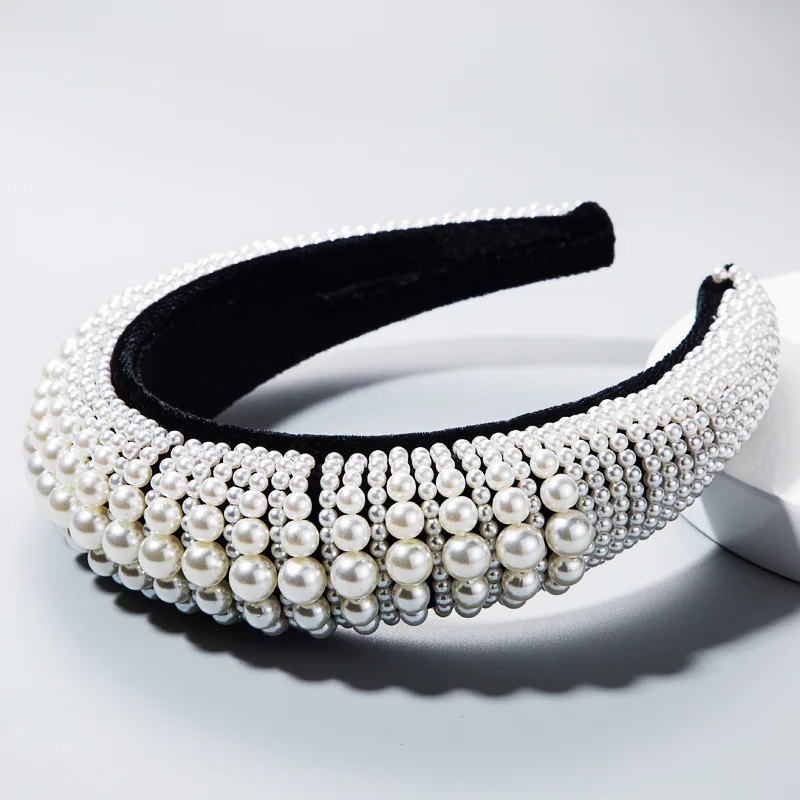 Velvet Pearl Matador Padded Headbands Pearls Embellished Soft Velvet Headbands Women 4.2cm Wide Goth Wedding Headpiece