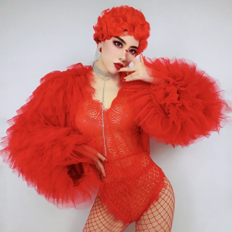 

Nighclub Dance Costume Women Red Lace Bodysuit Exaggerated Puffy Sleeves Singer Gogo Dancer Drag Queen Stage Outfits DNV15213