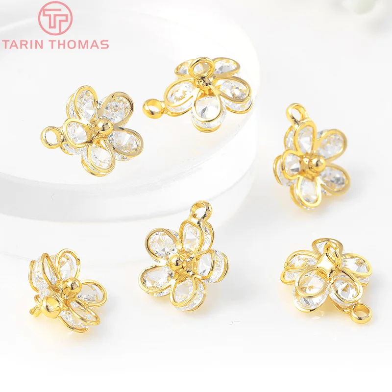 (1408)4PCS 10x12MM 24K Champagne Gold Color Plated Brass with Zircon flower Charms Pendants High Quality Diy Jewelry Accessories