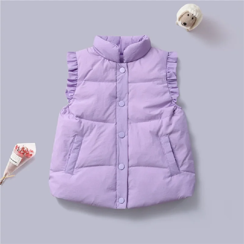 Winter Baby and Girls Ruffled Sleeves Single-Breasted Puffer Vest Jackets School Kids Down Waistcoat Child Outfit Tops 2-10 Yr