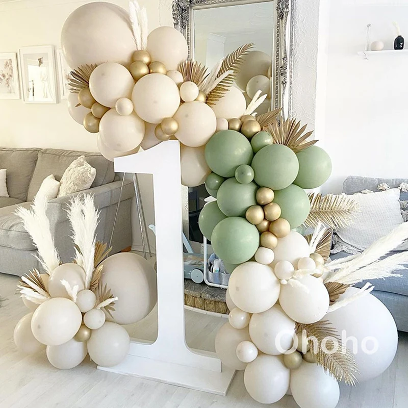 White Sand Beige Balloon Garland Kit Organic Green Balloons Arch Set Bridal Shower Baby 1st Birthday Decoration Wedding