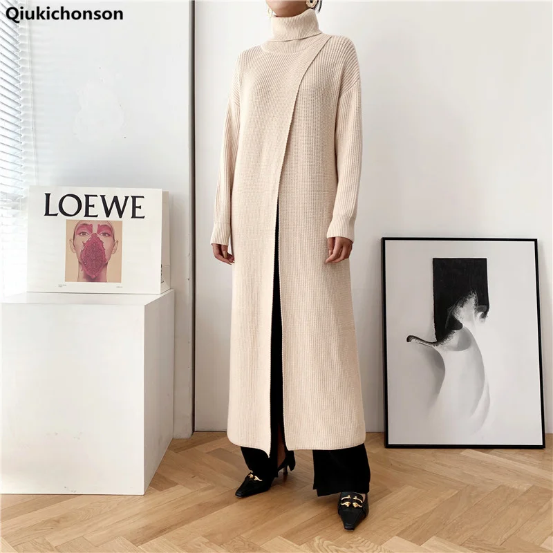 Turtleneck Autumn Winter Sweater Maxi Dress Women Korean Fashion Long Sleeve Knitted Dress Ladies Side High Slit Oversize Dress