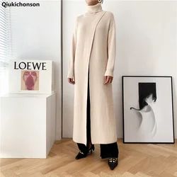 Turtleneck Autumn Winter Sweater Maxi Dress Women Korean Fashion Long Sleeve Knitted Dress Ladies Side High Slit Oversize Dress