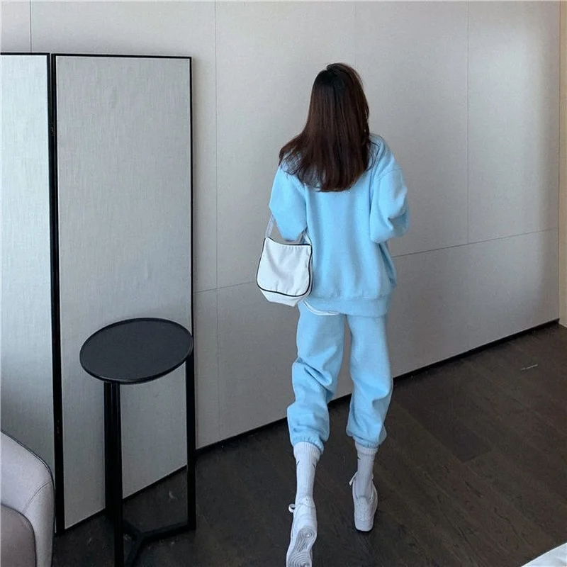 Korean Black Tracksuit Women Spring Autumn Loose Crewneck Sweatshirts+High Waist Elastic Sweatpants Two Piece Sets Female M-4XL