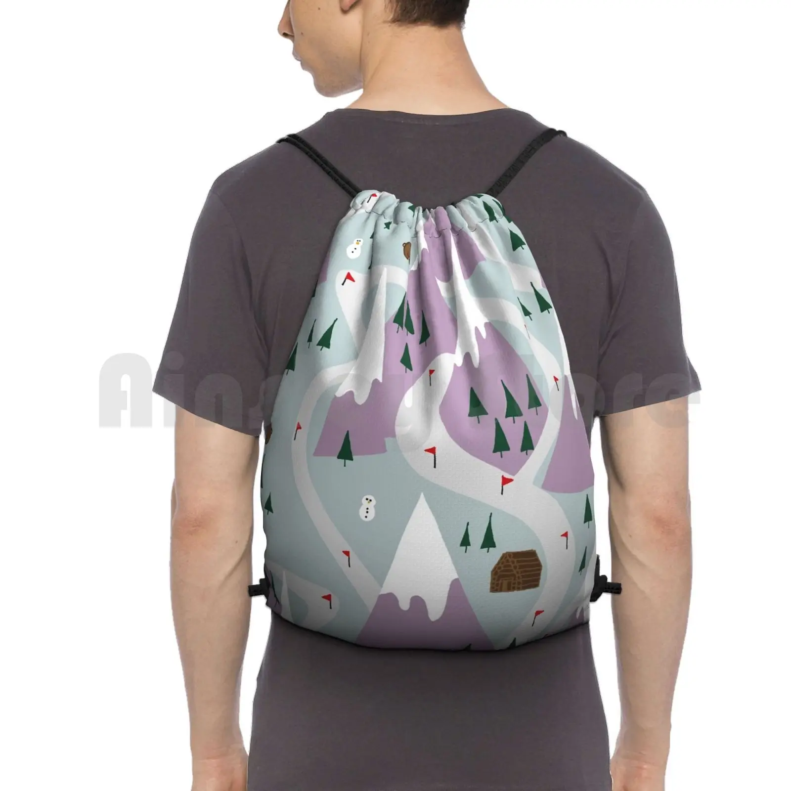 Ski Slopes-Grey Backpack Drawstring Bags Gym Bag Waterproof Ski Skiing Mountain Ski Slopes Cabin Bear Woods Snowman