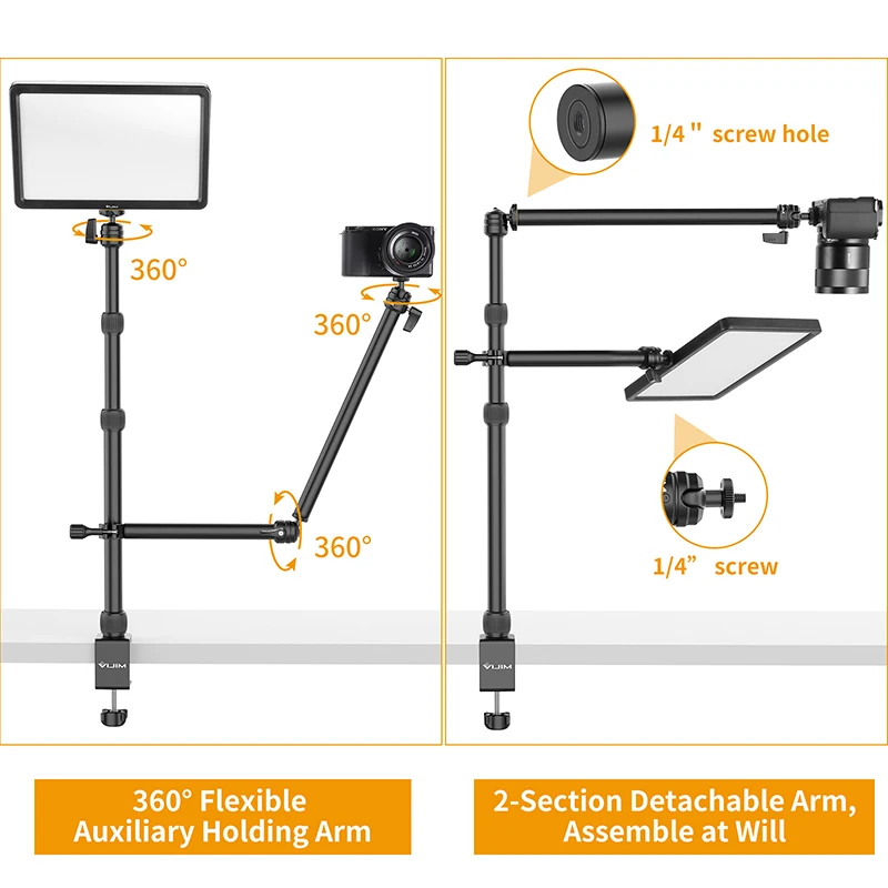 VIJIM LS10 LS11 Camera Mount Desk Stand with Flexible Auxiliary Holding Arm Overhead Camera Webcam Table Photography Studio kit