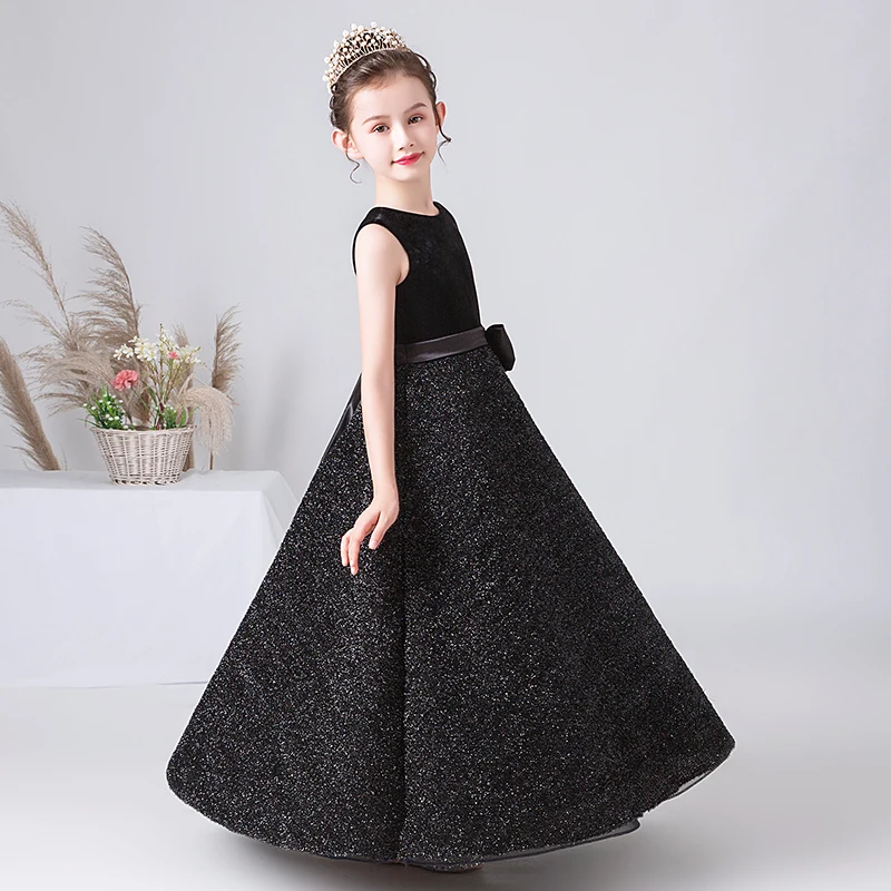 Dideyttawl vestido Formal negro para niñas, falda larga de terciopelo ostentosa, vestido de princesa Junior para boda, fiesta de noche, Adolescentes