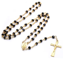 QIGO Black Crystal Rosary Necklace For Women Men Long Cross Catholic Jewelry