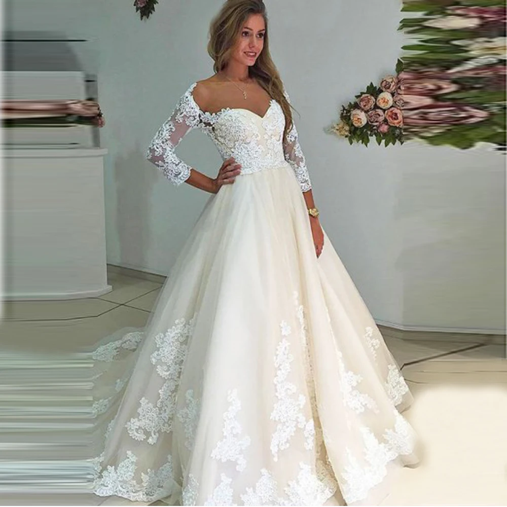 

Fashion Three Quarter Tulle Wedding Dresses Boho Bridal Gown Robe De Mariee Sweetheart Applique Formal Bride Gowns Court Train