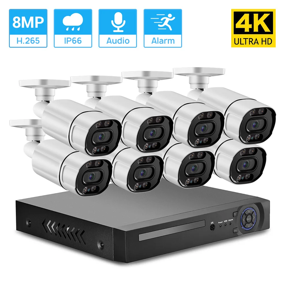 

4K Ultra HD POE Security Camera System 8MP POE NVR Set Waterproof Audio Record Motion Detection Color Nightvision H.265 P2P