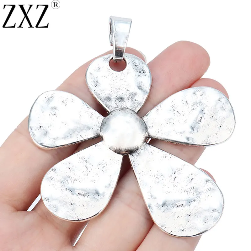 2pcs Tibetan Silver Large Hammered Flower Charms Pendants for Necklace Jewelry Making Findings 68x60mm