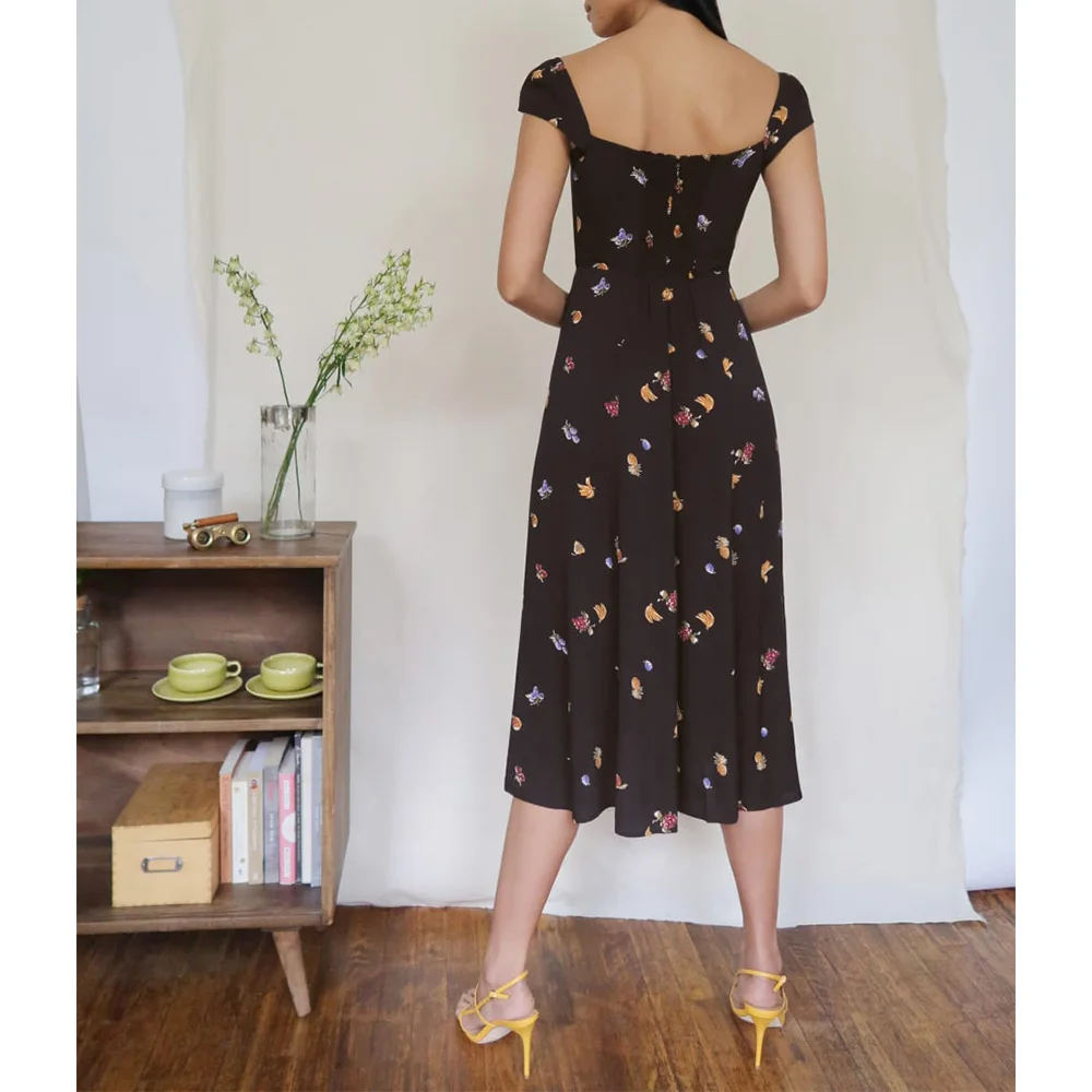 Summer Dresses For Women Vintage Elegant Midi Dress With Slit Sweetheart Neck Back Shirred Small Fruit Print Sexy Beach Dress