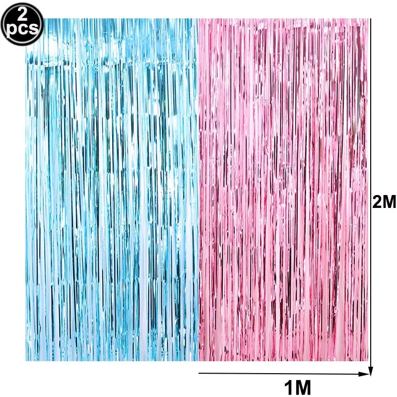 Gender Reveal Decor Metallic Fringe Curtains Blue BOY Pink Girl Foil Balloons Pink Blue Fringe Curtains Gender Reveals Supplies