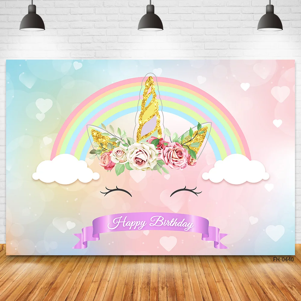 Custom Name Unicorn Flower Rainbow Clouds Birthday Photography Background Vinyl Backdrops For Baby Child Girls Newborn Photocall